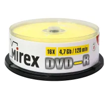 Носители информации DVD-R, 16x, Mirex, Cake/25, UL130003A1M (25 шт/уп)
