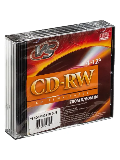 Носители информации CD-RW, 4x-12x, VS, Slim/5, VSCDRWSL501