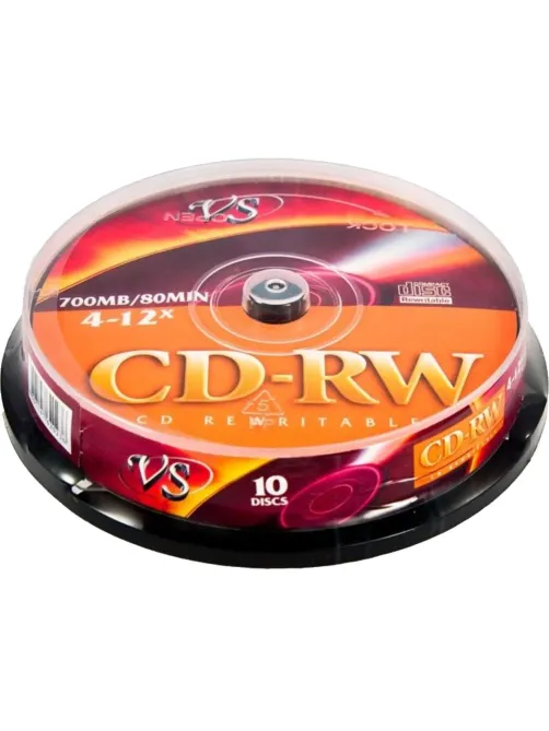 Носители информации CD-RW, 4x-12x, VS, Cake/10, VSCDRWCB1001