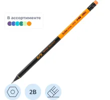 Карандаш чернографитный Deli Scribe 2B деревянный с ластиком в ассортименте