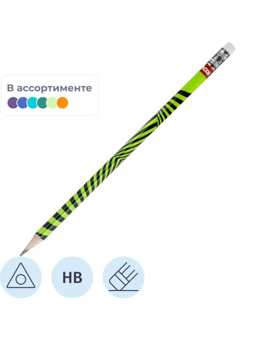 Карандаш чернографитный Kores Grafitos Neon трехгранный HB с ластиком