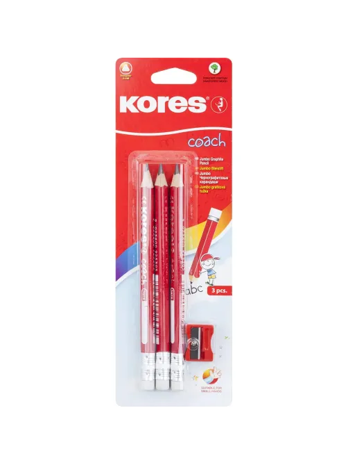 Карандаш чернографитный KORES JUMBO трехгран,HB 3шт+точилка+ластик