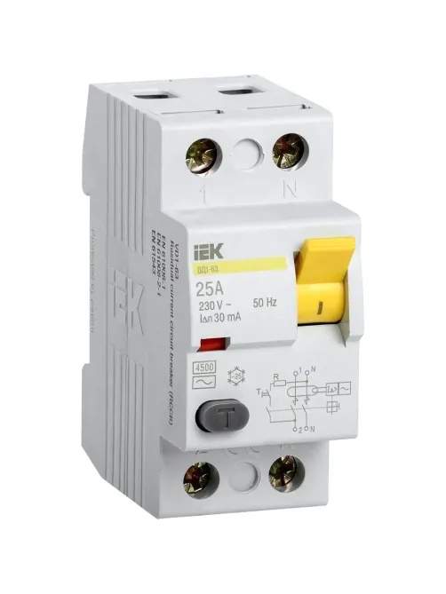 УЗО выключатель диф. тока IEK ВД1-63 2п 25А 30мА тип AC MDV10-2-025-030