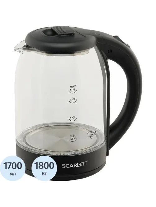 Чайник электрический SCARLETT SC-EK27G90, стекло, 1800Вт, 1.7л, черный