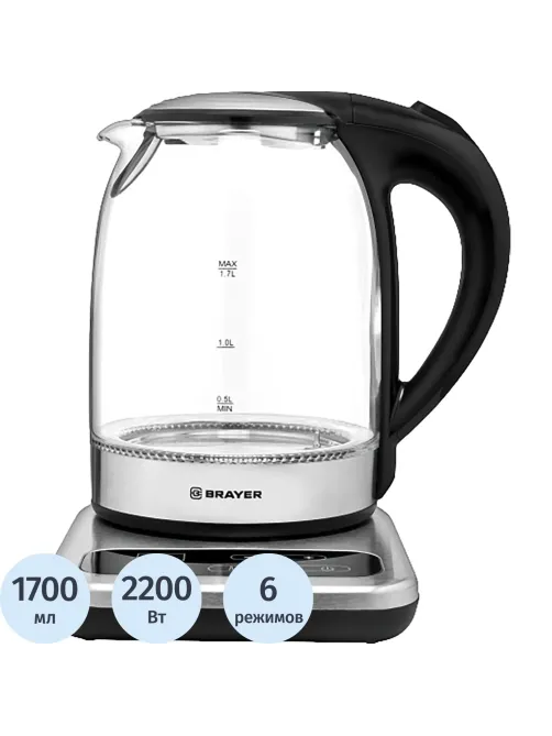 Чайник электрический BRAYER BR1003, 2200Вт.1,7 л, стекл