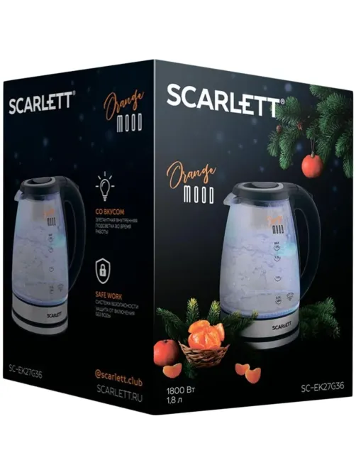 Чайник SCARLETT SC-EK27G36,электрический, стекло, 1800Вт, 1.8л, черный