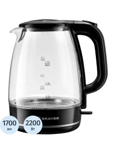Чайник электрический BRAYER BR1030,2.2 кВт, 1,7 л, стекло,автооткл.,подсвет