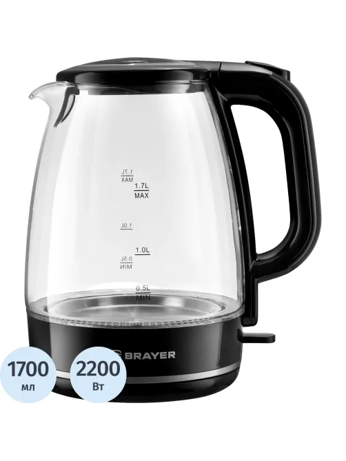 Чайник электрический BRAYER BR1030,2.2 кВт, 1,7 л, стекло,автооткл.,подсвет