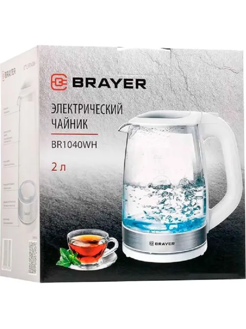 Чайник электрический BRAYER BR1040WH, 2220Вт, 2 л, стекл., белый