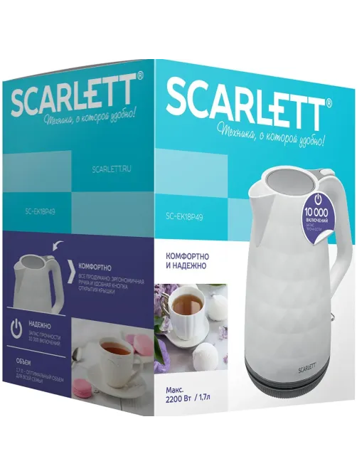 Чайник электрический SCARLETT SC-EK18P49, пластик, 2200Вт, 1.7л, белый