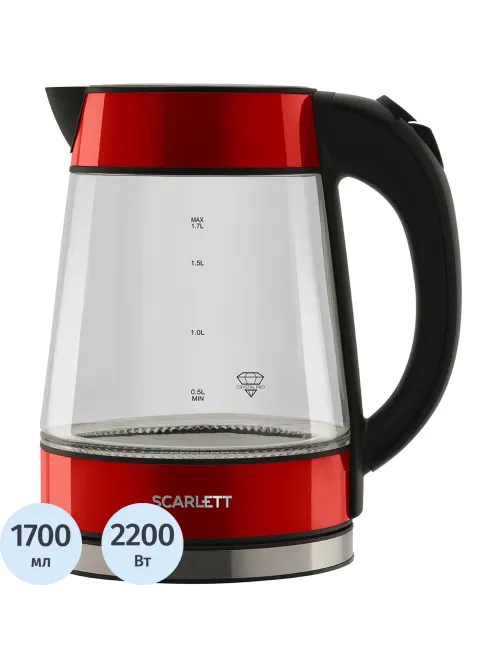 Чайник электрический SCARLETT SC-EK27G79, стекло, 2200Вт, 1.7л, красный