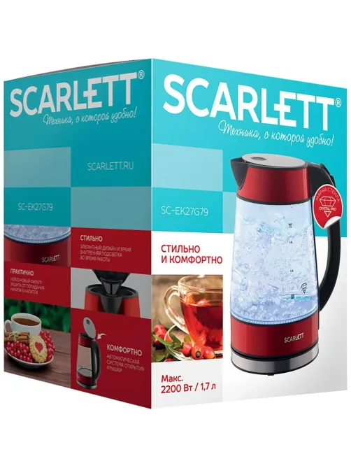 Чайник электрический SCARLETT SC-EK27G79, стекло, 2200Вт, 1.7л, красный