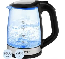Чайник электрический BRAYER BR1040BK, 2220Вт,  2 л, стекл., черный