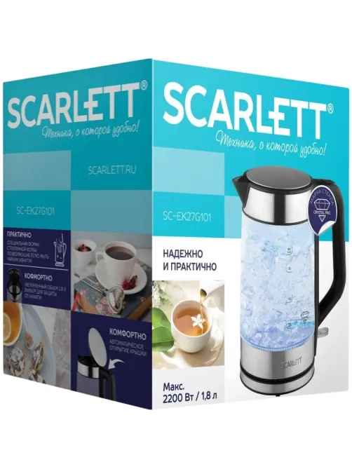 Чайник SCARLETT SC-EK27G101, 2200Вт, электрический 1.8л, стекло, сталь