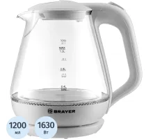 Чайник электрический BRAYER BR1063WH, 1630 Вт, 1,2 л, стекл.корп, термометр