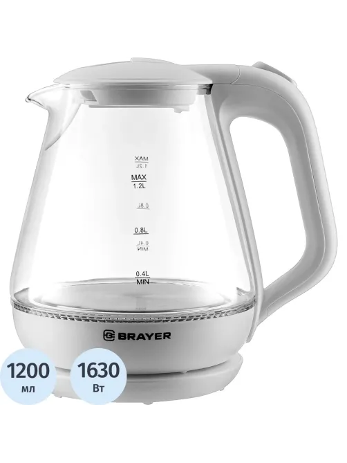 Чайник электрический BRAYER BR1063WH, 1630 Вт, 1,2 л, стекл.корп, термометр