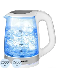 Чайник электрический BRAYER BR1040WH, 2220Вт, 2 л, стекл., белый