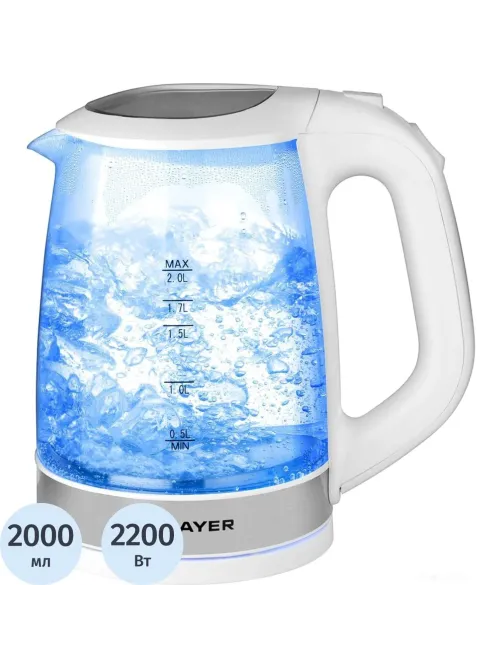 Чайник электрический BRAYER BR1040WH, 2220Вт, 2 л, стекл., белый