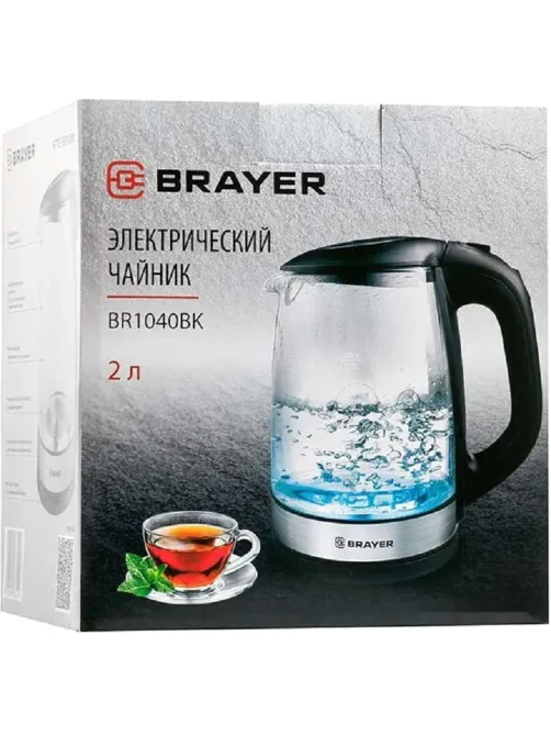 Чайник электрический BRAYER BR1040BK, 2220Вт,  2 л, стекл., черный
