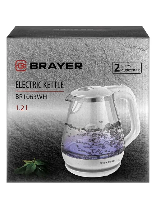 Чайник электрический BRAYER BR1063WH, 1630 Вт, 1,2 л, стекл.корп, термометр