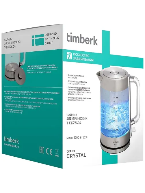 Чайник электрический Timberk T-EK27G04, стекло, 2200Вт, 2л, белый