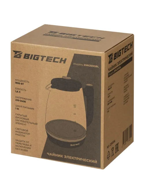 Чайник BigTech ZHK203GBL, черный 1,8 л, стекло