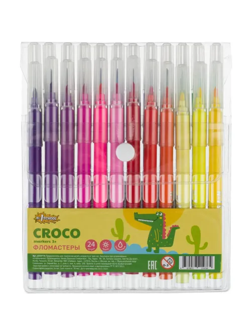 Фломастеры №1School Croco 24цв., прозр.колп,смыв, блист. упак. c кнопкой