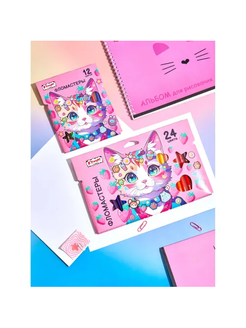 Фломастеры Комус Класс Kitty stickers 24 цв. в наб.,вентилир.,картон.упак