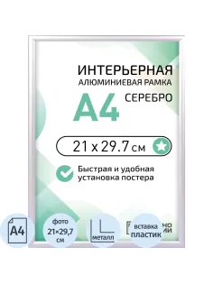 Рамка 210х297, серебристая, алюминевая,  ПЭТ стекло 2019_04_72_345