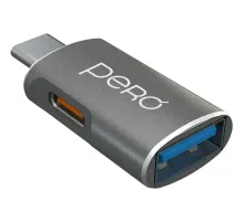 Адаптер PERO AD16 OTG, USB-C TO USB-A 3.0 + USB-C, серый