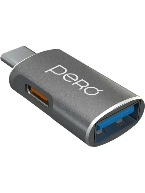 Адаптер PERO AD16 OTG, USB-C TO USB-A 3.0 + USB-C, серый
