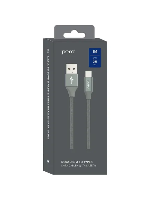 Кабель USB PERO DC-02 Type-C, 3А, 1м, серый