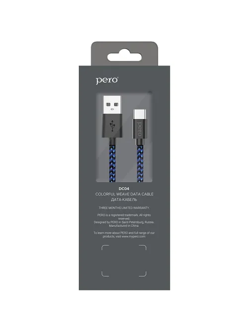 Кабель USB PERO DC-04 Type-C, 3А, 2м, Blue-black (Fast Charge)