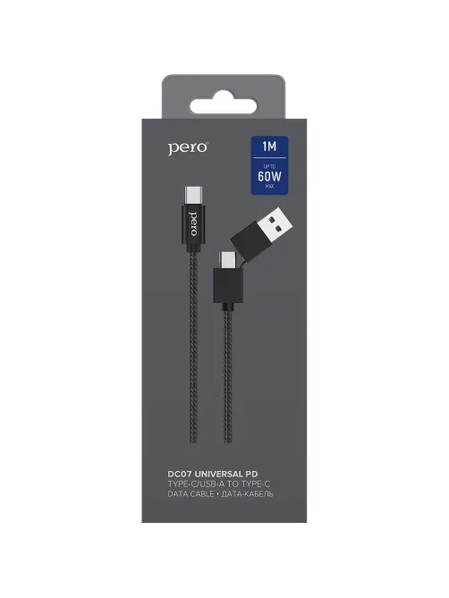 Кабель USB PERO DC-07 UNIVERSAL 2 in 1, USB-A + PD  to Type-C, 1m, Black