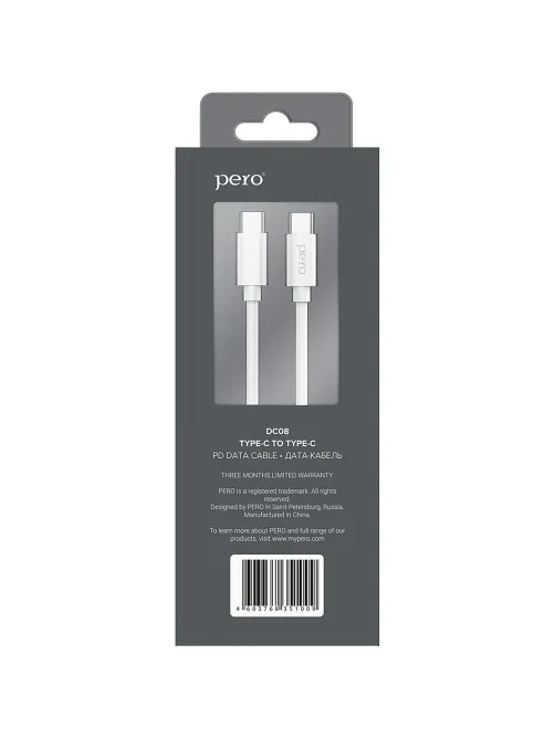Кабель USB PERO DC-08 PD Type-C to Type-C, 1m, White