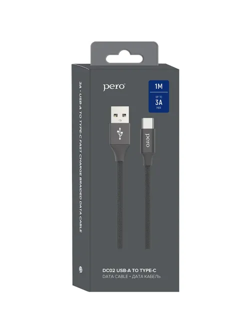 Кабель USB PERO DC-02 Type-C, 3А, 1м, черный