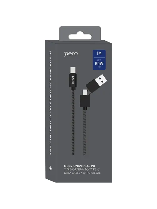 Кабель USB PERO DC-07 UNIVERSAL 2 in 1, USB-A + PD  to Type-C, 1m, Black