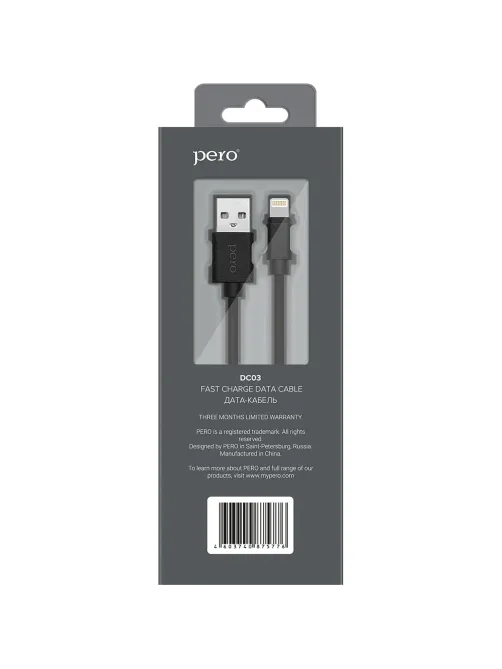 Кабель PERO, DC-03, 8-pin Lightning, 2.4А, 1м,  черный