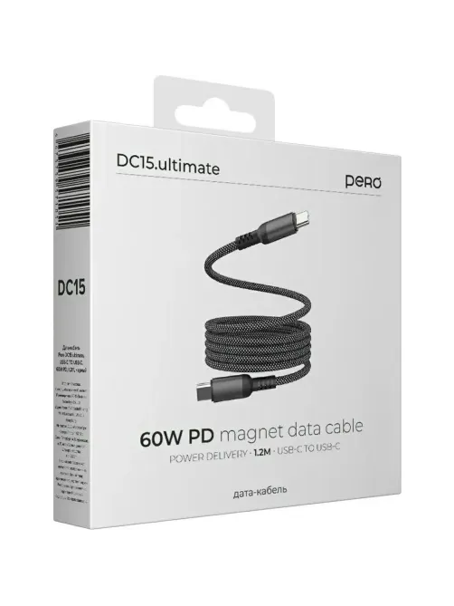 Кабель PERO DC15 ULTIMATE PD Type-C to Type-C, магнитный, 60W, 1.2m, Black