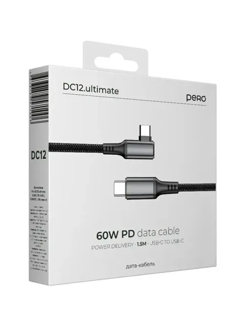 Кабель PERO DC12 ULTIMATE PD Type-C to Type-C, угловой, 60W, 1.5m, Black