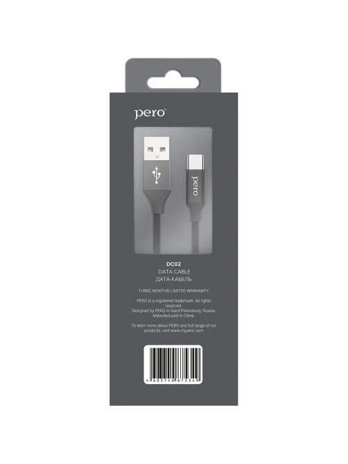 Кабель USB PERO DC-02 Type-C, 3А, 1м, черный