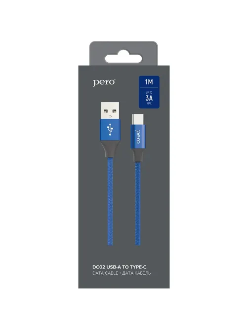 Кабель USB PERO DC-02 Type-C, 3А, 1м, синий