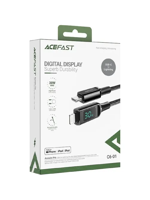 Кабель ACEFAST C6-01 USB-C, Lightning charging с цифровым дисплеем, черный