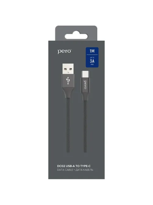 Кабель USB PERO DC-02 Type-C, 3А, 1м, черный