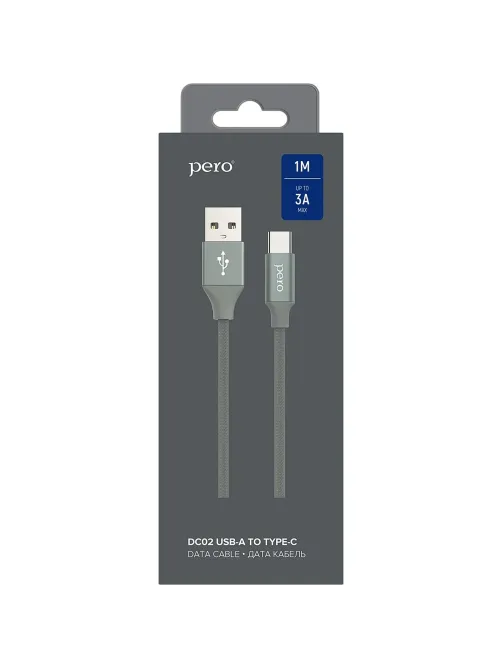 Кабель USB PERO DC-02 Type-C, 3А, 1м, серый