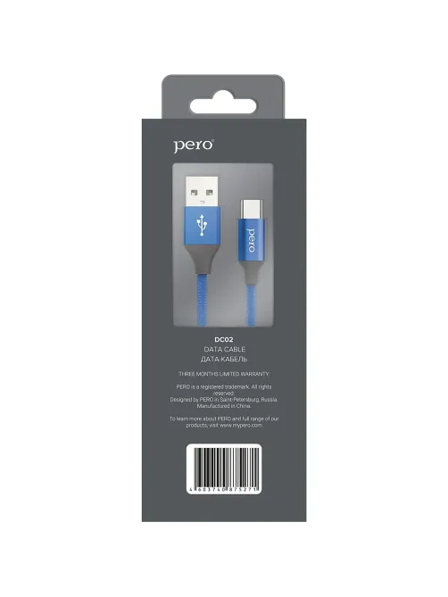 Кабель USB PERO DC-02 Type-C, 3А, 1м, синий