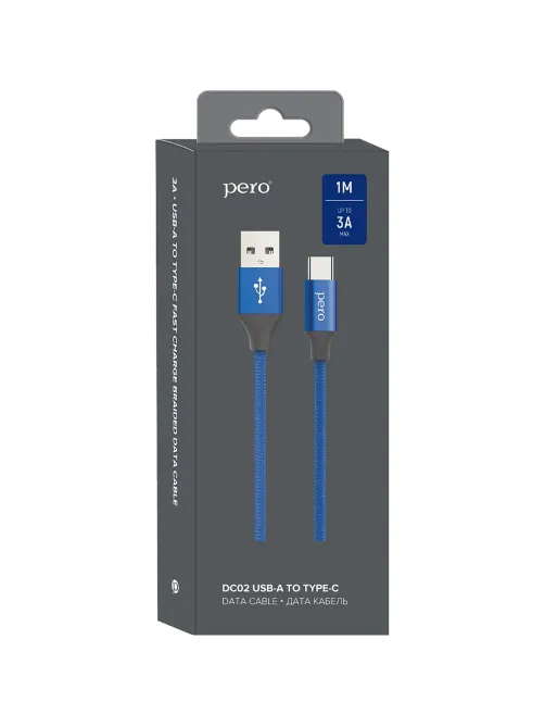 Кабель USB PERO DC-02 Type-C, 3А, 1м, синий
