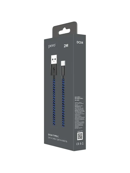 Кабель USB PERO DC-04 Type-C, 3А, 2м, Blue-black (Fast Charge)