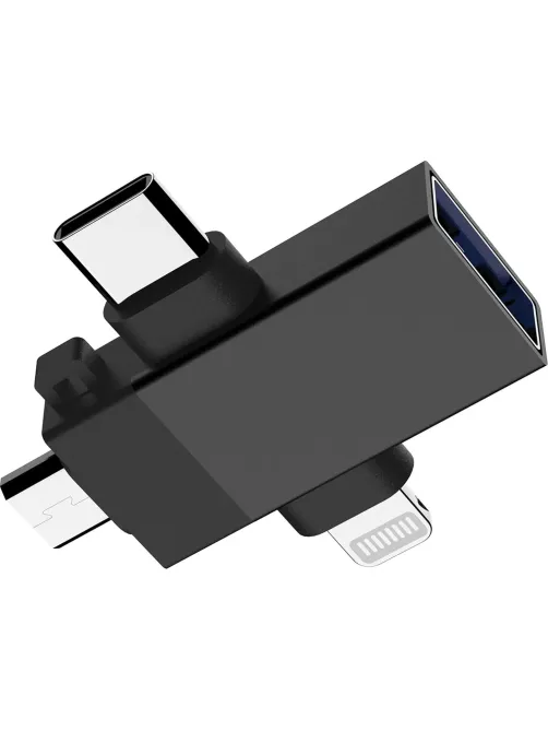 Адаптер PERO AD14 OTG LIGHTNING+USB-C+MICRO-USB TO USB 3.0, черный