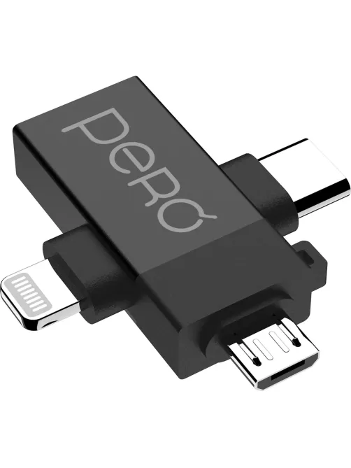 Адаптер PERO AD14 OTG LIGHTNING+USB-C+MICRO-USB TO USB 3.0, черный